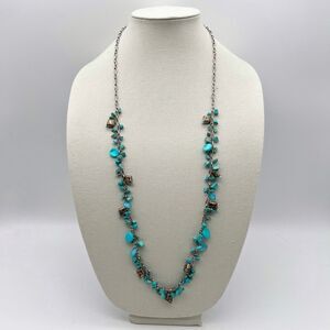 Turquoise Chip Bead and Silver Tone Mixed Floral Charm Necklace 35.5” Vintage